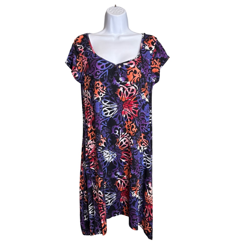 Vintage Lucky Brand Womens Purple Floral Print T Shirt Dress‎ Sz M Peace Signs